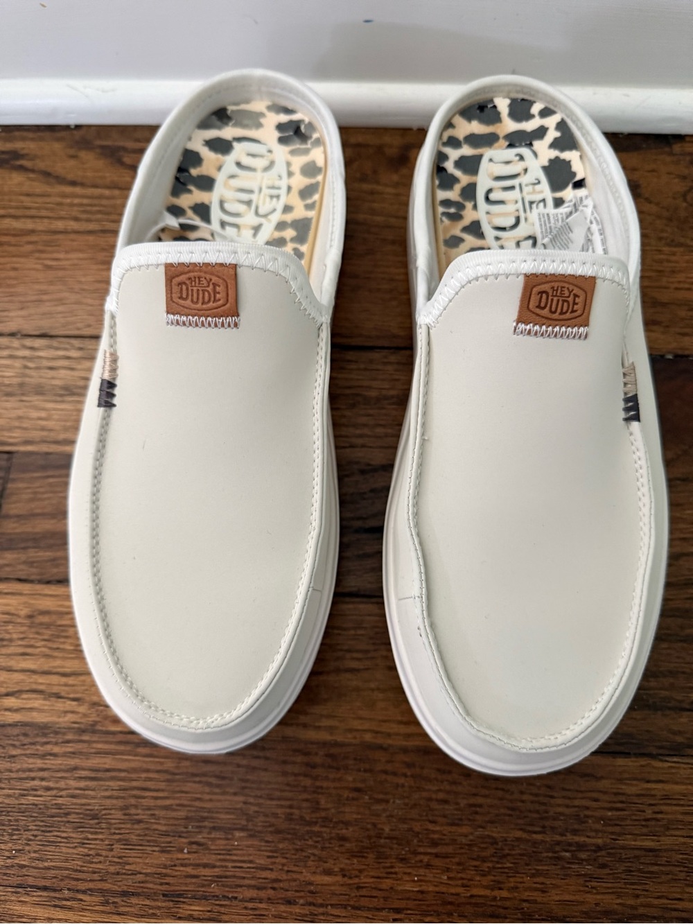 Hey Dude Women’s slip in Off-White/white with Leopard Insole
